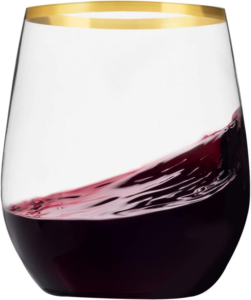 Munfix Plastic Stemless Wine Glasses with Gold Rim, Disposable Clear Plastic Cups 12 Oz - 24 Pack - Shatterproof Recyclable and BPA-Free - Image 1